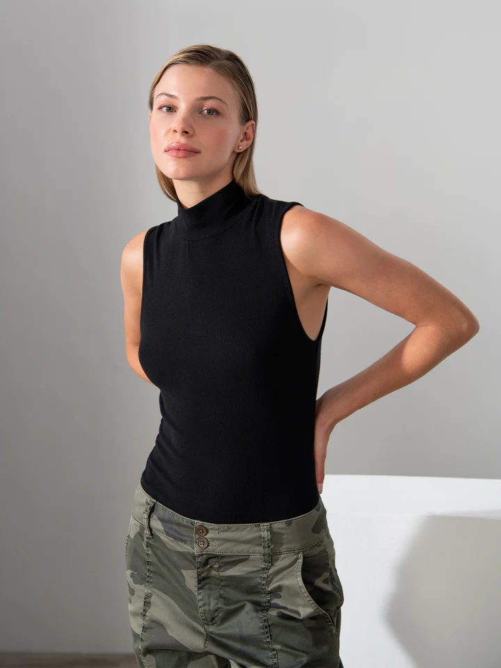 black sleeveless mock turtleneck top