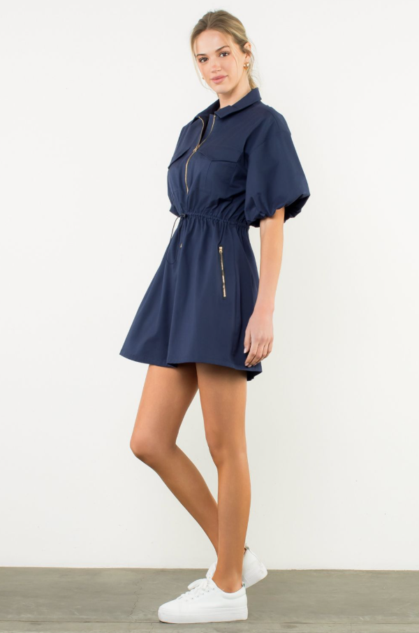 knee length dresses for ladies Puff Sleeve Half-Zip Dress XL / Navy
