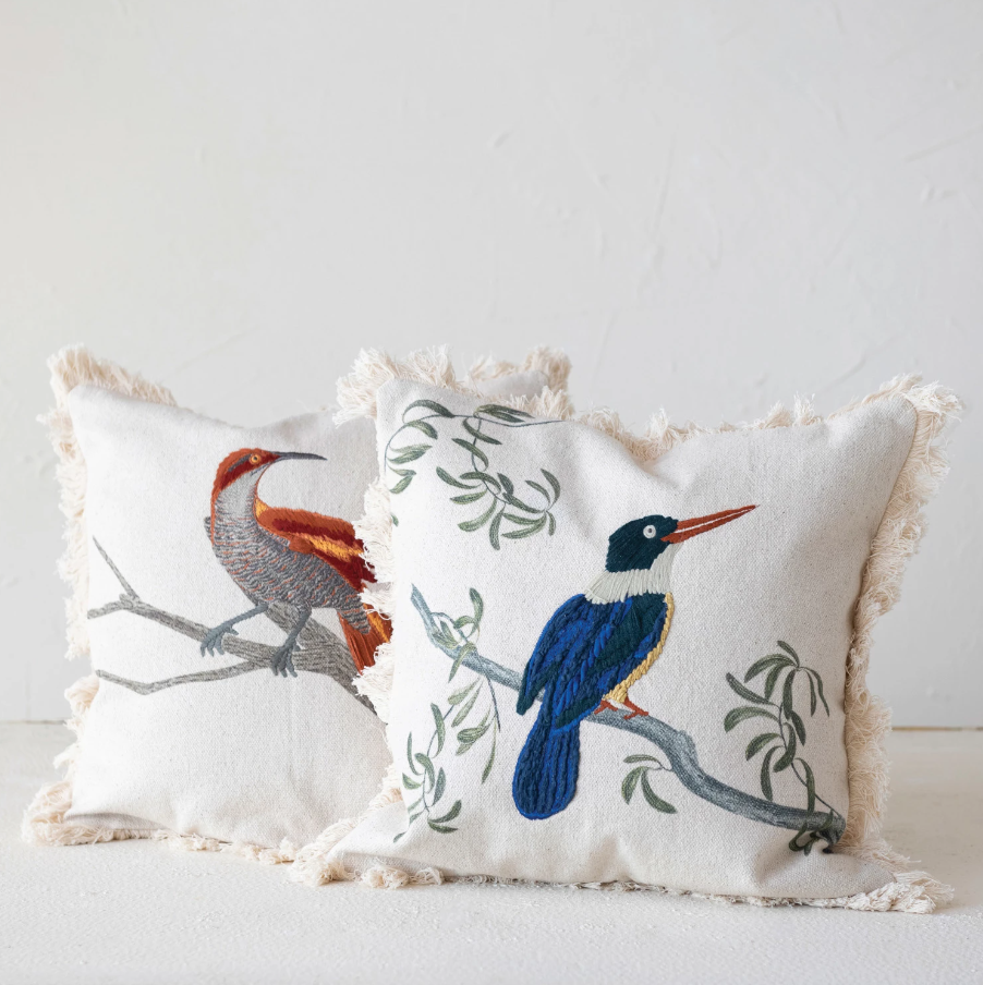 Embroidered Bird on Branch Pillow w/ Fringe - 13 Hub Lane   |  