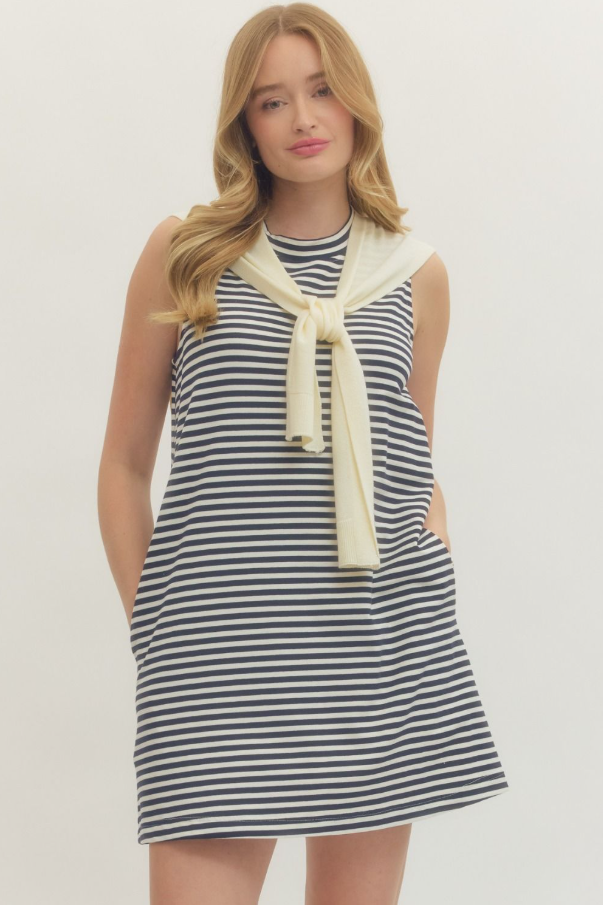 Striped Sleeveless Mini, Cream w/ Navy L