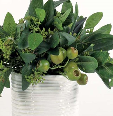Berry Pods & Foliage in Small White Urn - 13 Hub Lane   |  