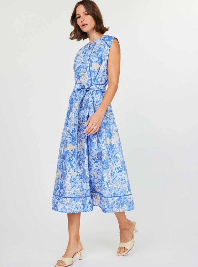 floral midi dress with belt Floral Dress w/ Belt & Piping Detail M / Blue Multi