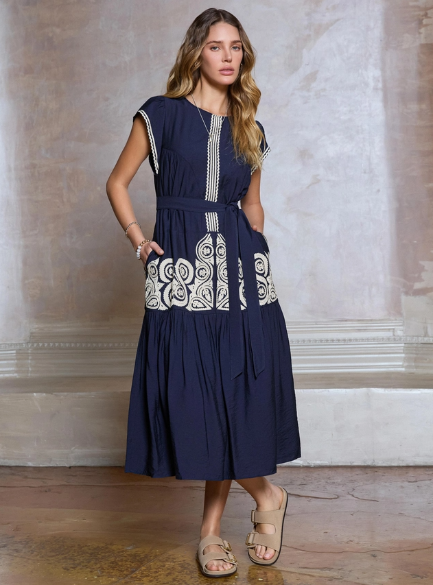 Boho Embroidery Tiered Midi, Navy