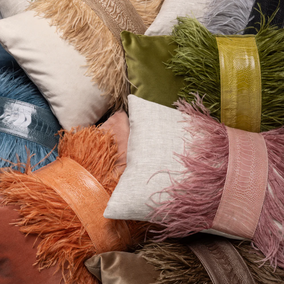 Ostrich Trim Linen Lumbar Pillow, Blush Natural - 13 Hub Lane   |  Ostrich Lumbars