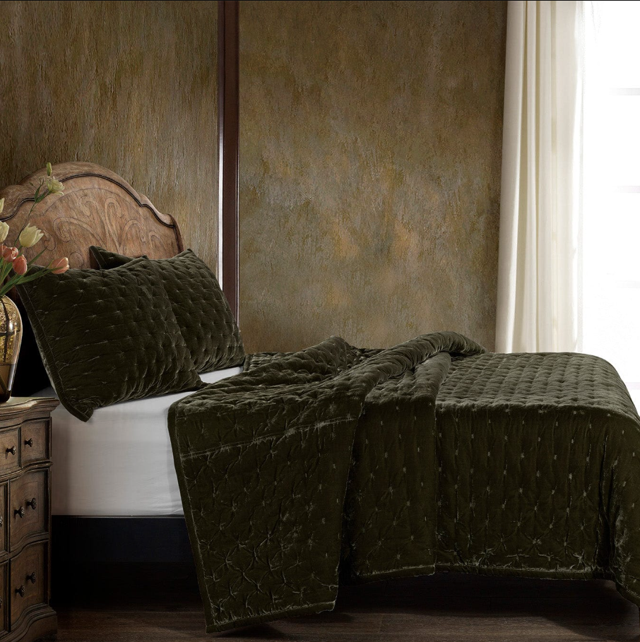 Stella Faux Silk Velvet Pintuck 3PC Quilt Set, Fern Green - 13 Hub Lane   |  Matching Bedding