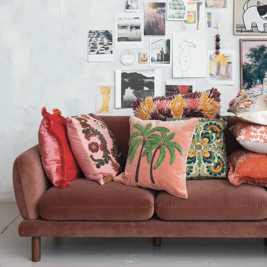 Cotton Velvet Pillow w/ Embroidered Tufted Palm Trees