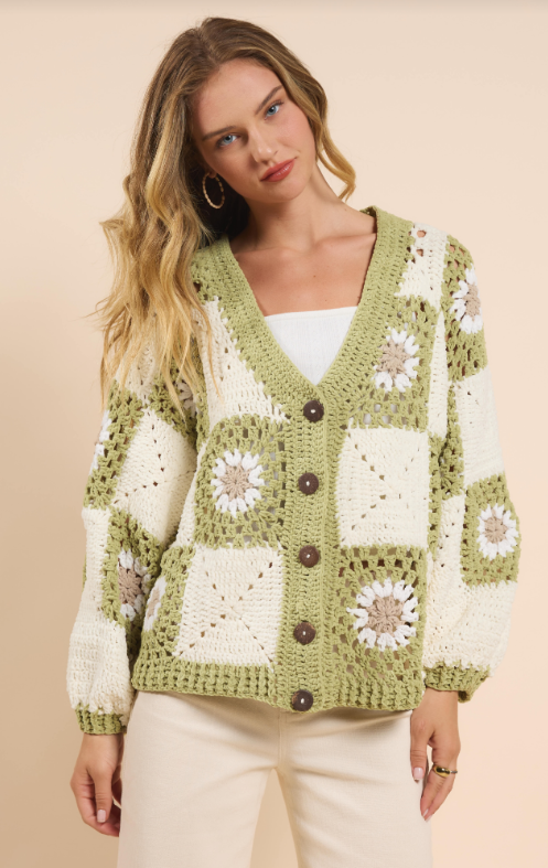 Myriam Daisy Crochet Cardigan, Ivory Green