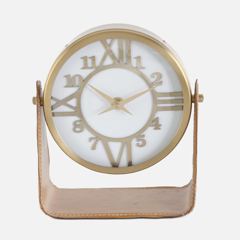 Round Clock w/ Faux Leather Stand, Gold