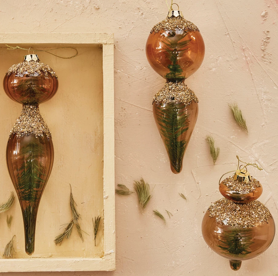 Glass Ornament w/ Mica Flakes & Bottle Brush Tree Inside - 13 Hub Lane   |  Vintage Inspired Ornaments
