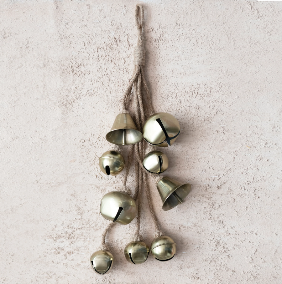Metal Bell Cluster w/ Jute Rope, Brass