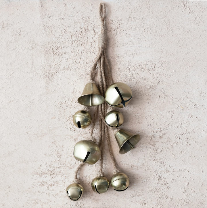 Metal Bell Cluster w/ Jute Rope, Brass