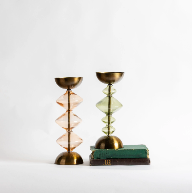 Recycled Glass & Metal Pillar Holder - 13 Hub Lane   |  Glass Candle Holders