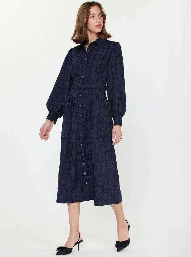Textured Jacquard Shirt Midi Dress, Navy - 13 Hub Lane   |  Midi Dresses