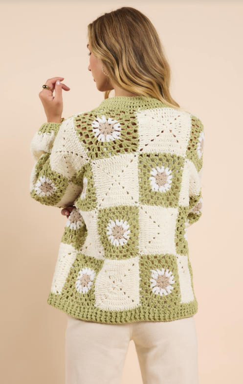 Myriam Daisy Crochet Cardigan, Ivory Green