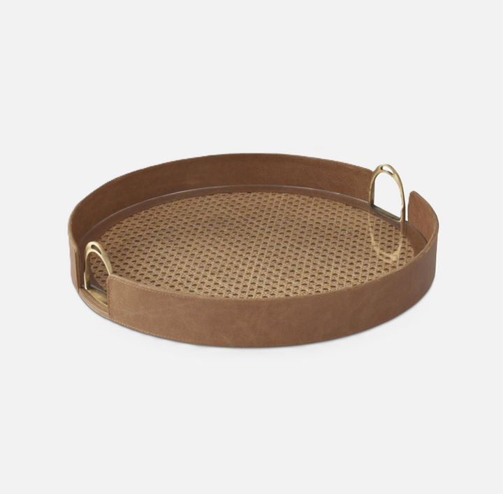 Leather & Cane Tray w/ Stirrup Handles