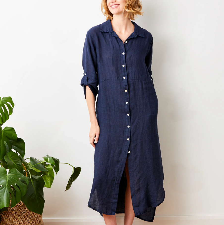 Larino Linen Button Thru Dress, Navy