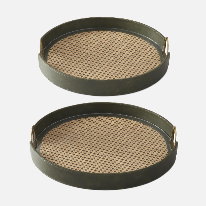 Leather & Cane Tray w/ Stirrup Handles, Green
