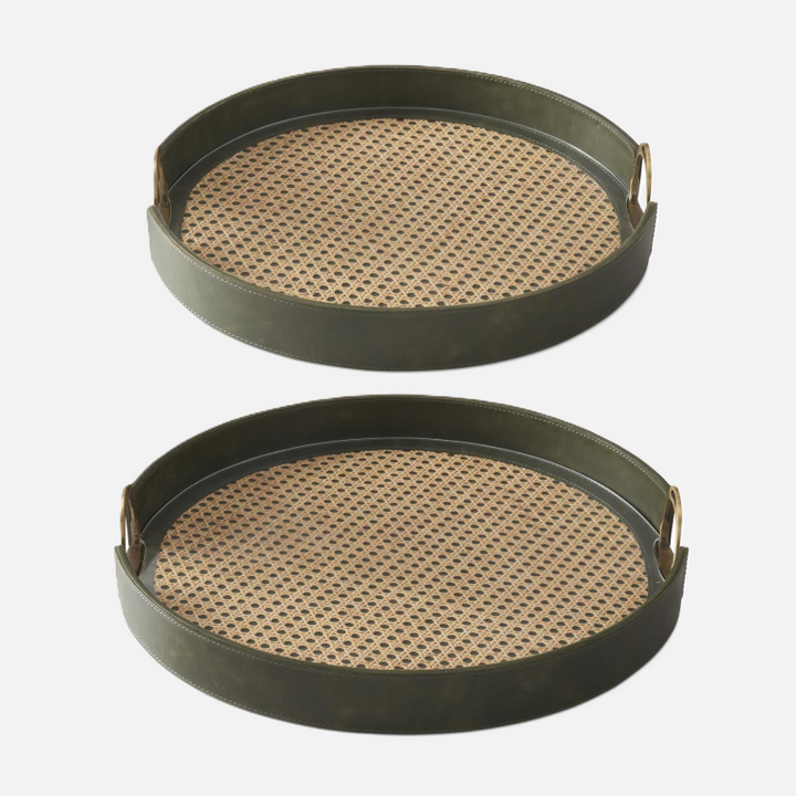 Leather & Cane Tray w/ Stirrup Handles, Green