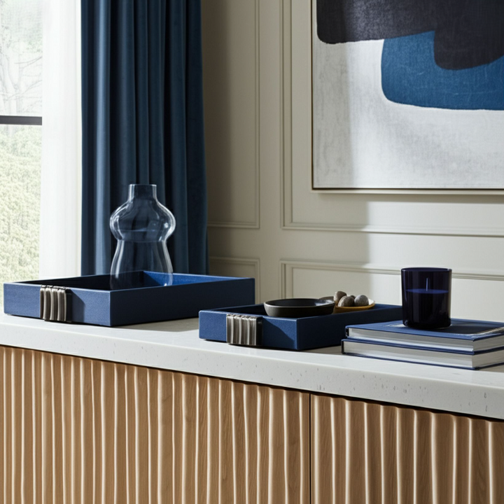 Blue Ombre Leather + Wood Tray