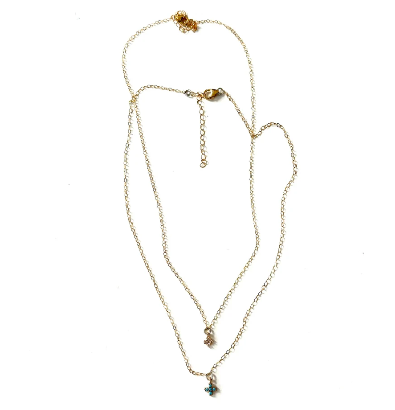 CV Designs Blue Tiny CZ Cross Necklace