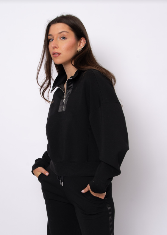 Mailyn Satin Trim Half-Zip, Black