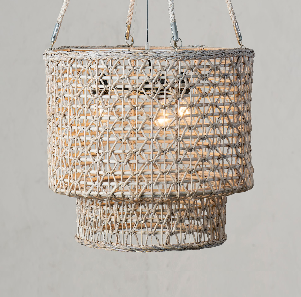 Double Barrel Hand Woven Natural Rope Chandelier, White Wash