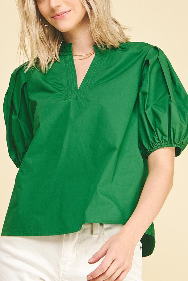 Short Sleeve V-Neck Woven Top, Garden Green