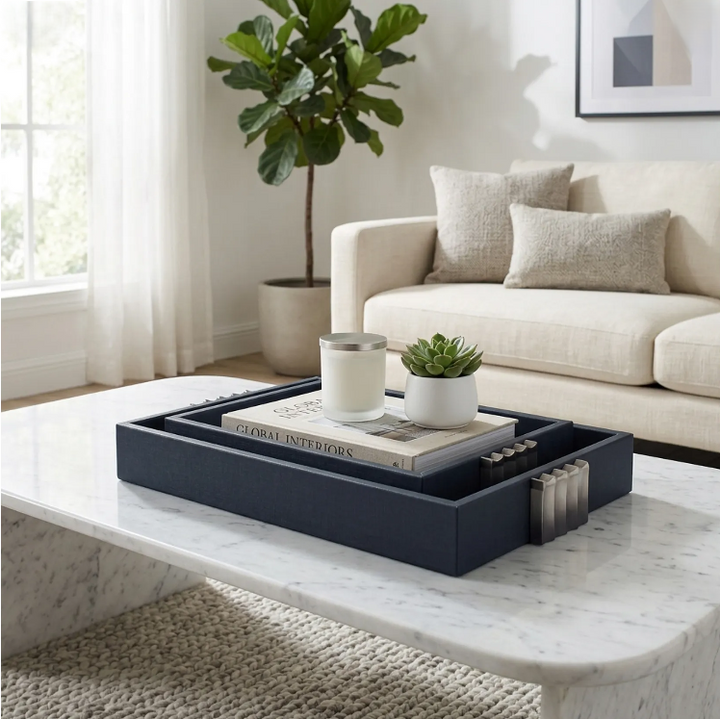 Blue Ombre Leather + Wood Tray