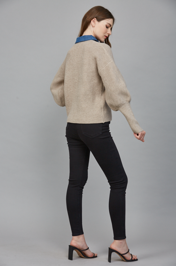 Knit Cardigan w/ Denim Collar, Light Mocha