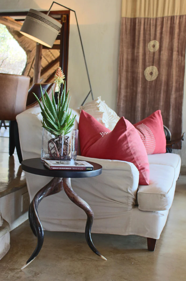 Polished Kudu Horn Table, Embossed Brown Leather