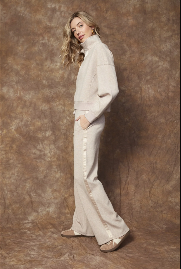 Mailyn Satin Trim Half-Zip, Taupe - 13 Hub Lane   |  Half-Zip Sweatshirts