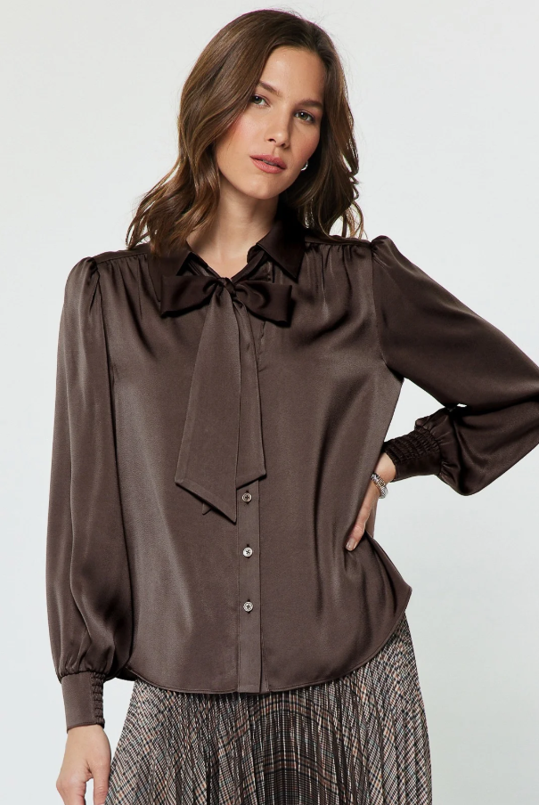Satin Bow Tie Button-Up, Brown