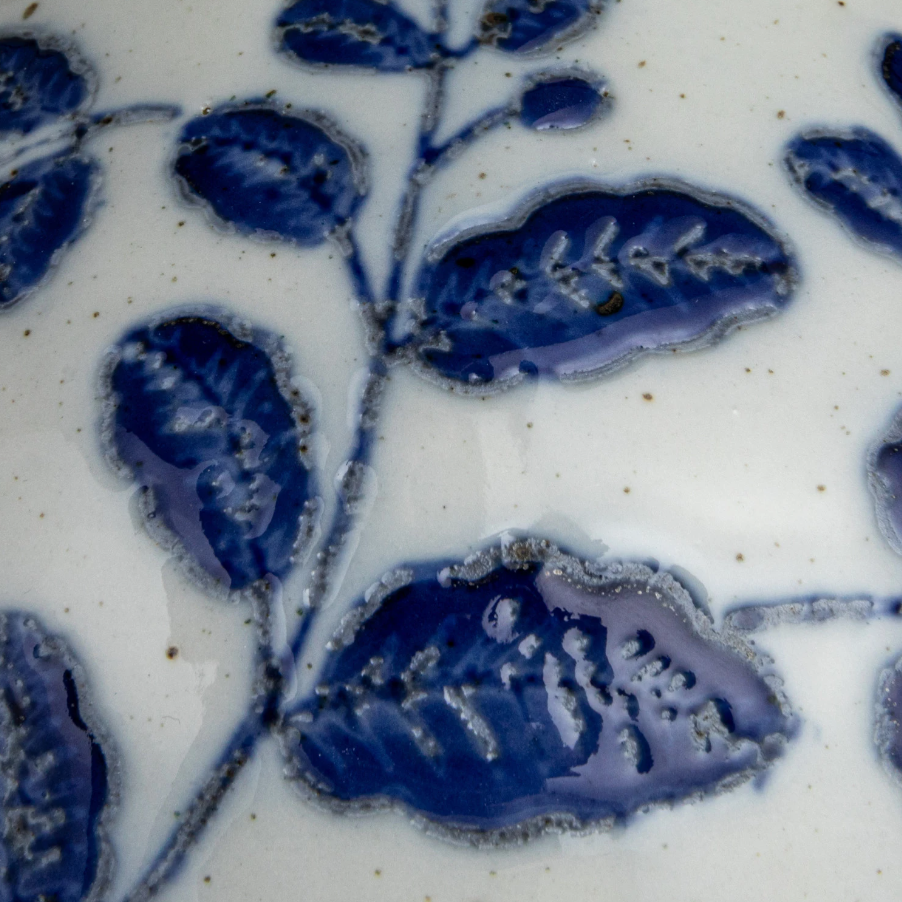 Blue & White Botanical Hand-Painted Stoneware Vase