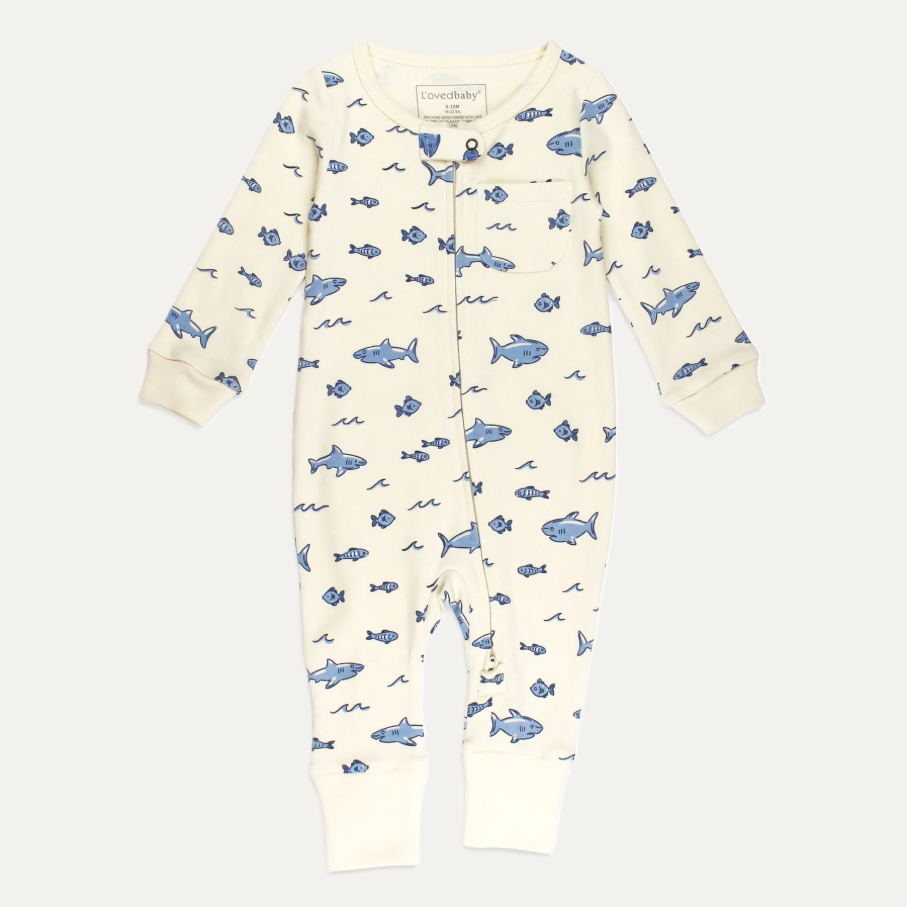 Organic Footless 2-Way Zipper Romper, Sharks