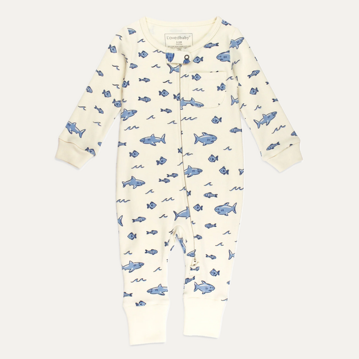 Organic Footless 2-Way Zipper Romper, Sharks