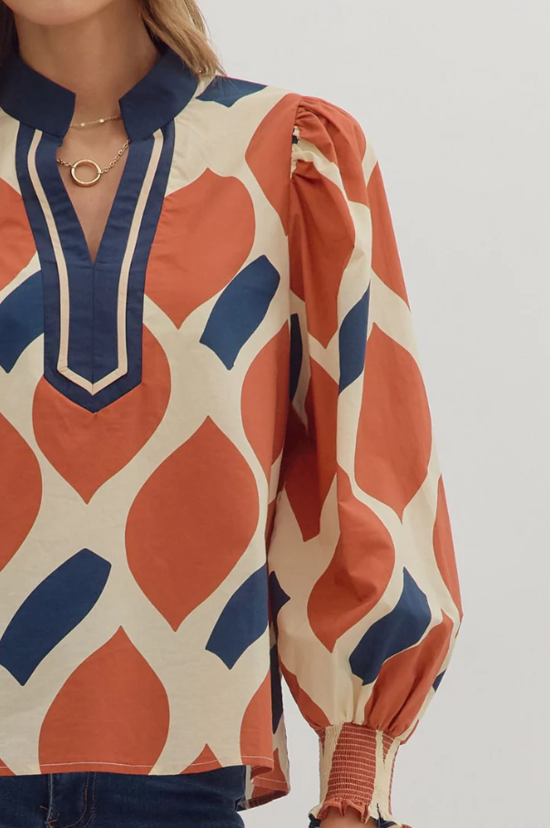 Geometric V-Neck Top, Ecru & Rust