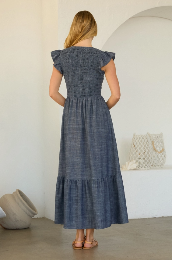 Smocked Flutter Sleeve Chambray Dress, Denim Blue