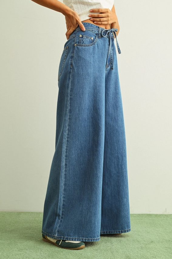 Wide Leg Denim Pants w/ Self Belt - 13 Hub Lane   |  Wide Leg Jeans
