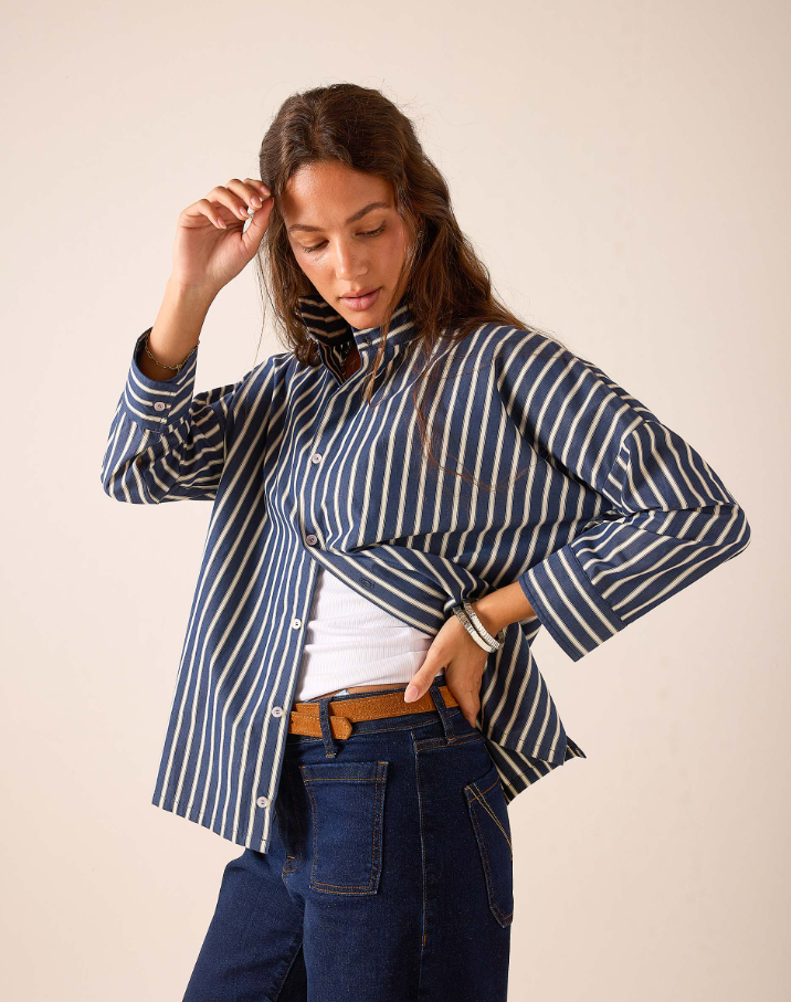 Emerson Pop Up Collar Top, Deep Blue Stripe
