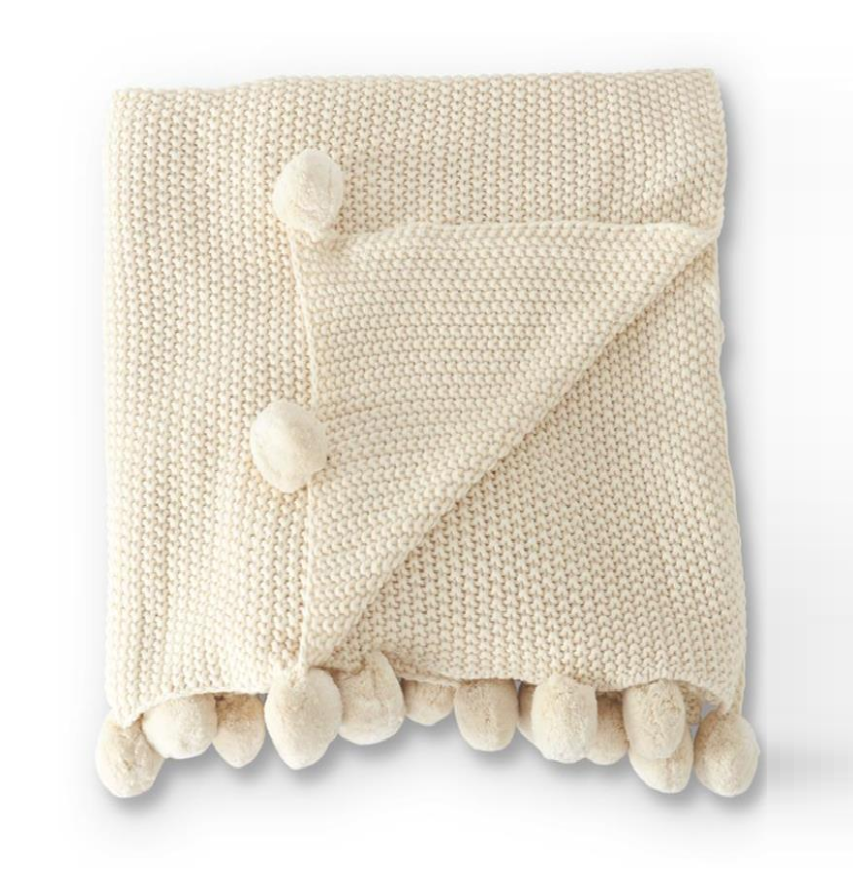 60" Moss Stitch Knit Throw Blanket w/ Pompom Trim
