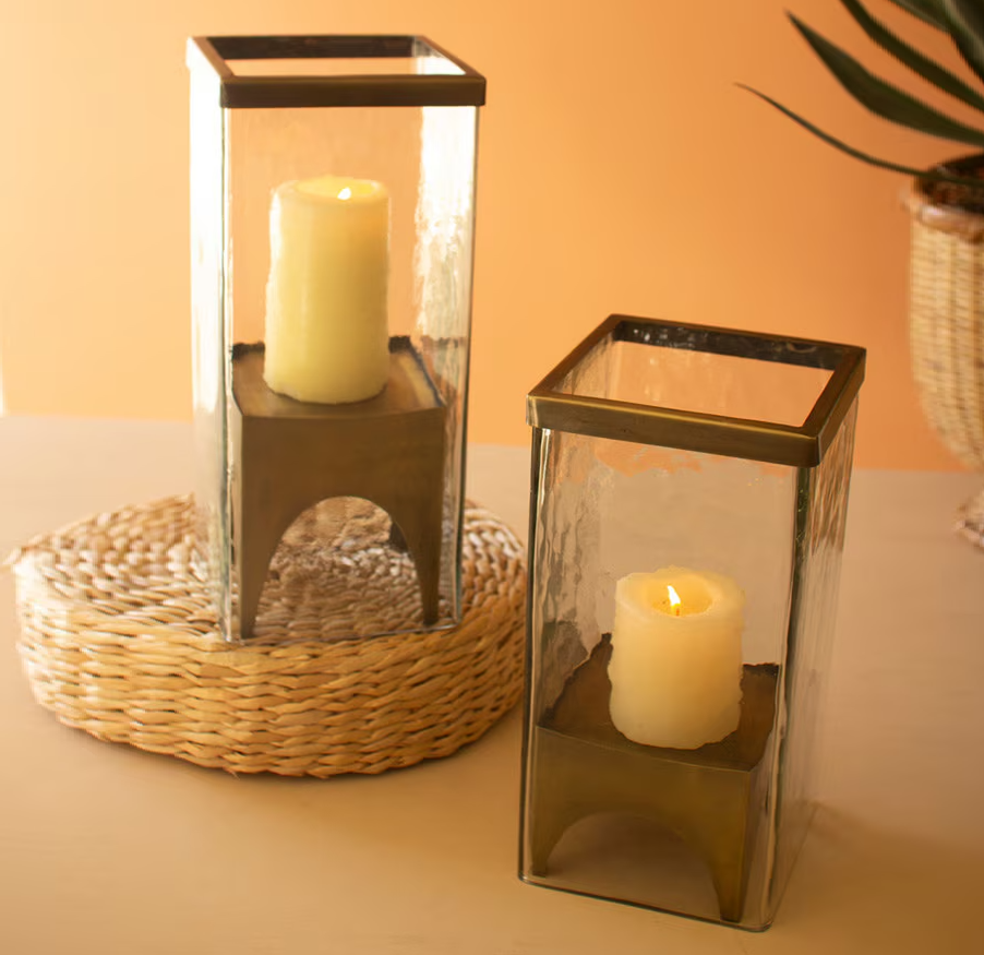 Square Glass & Brass Hurricane