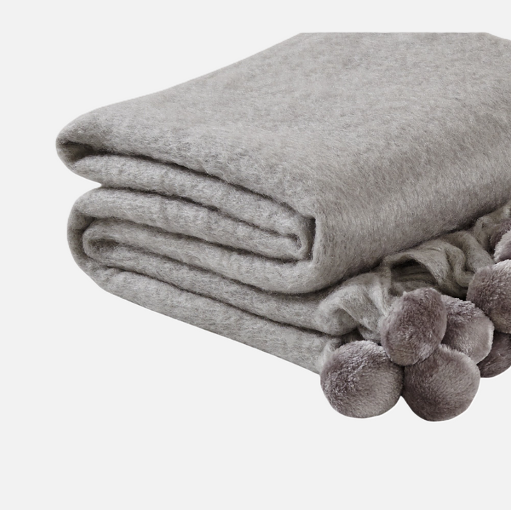 Bella Pom Pom Mohair Throw, Light Grey - 13 Hub Lane   |  Mohair Throws