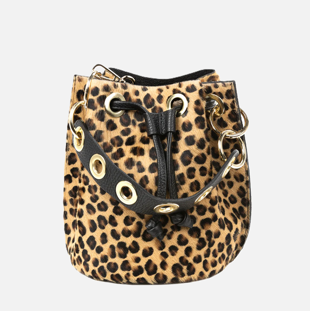 Italian Leather & Cowhide Bucket Bag, Cheetah - 13 Hub Lane   |  Bucket Bags
