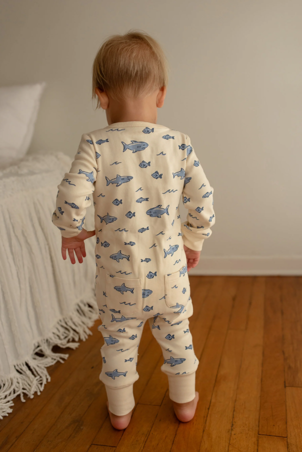 Organic Footless 2-Way Zipper Romper, Sharks