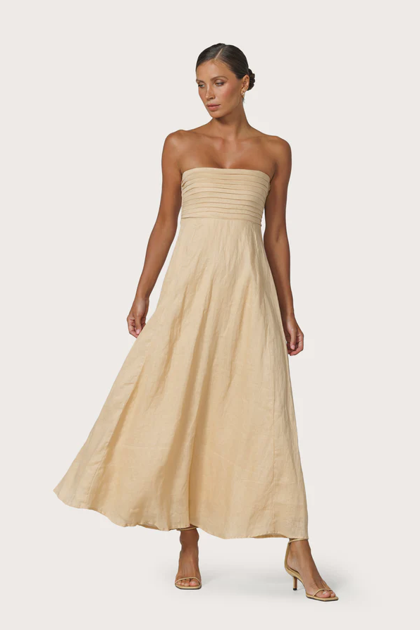Talia Pintuck Linen Maxi Dress, Champagne