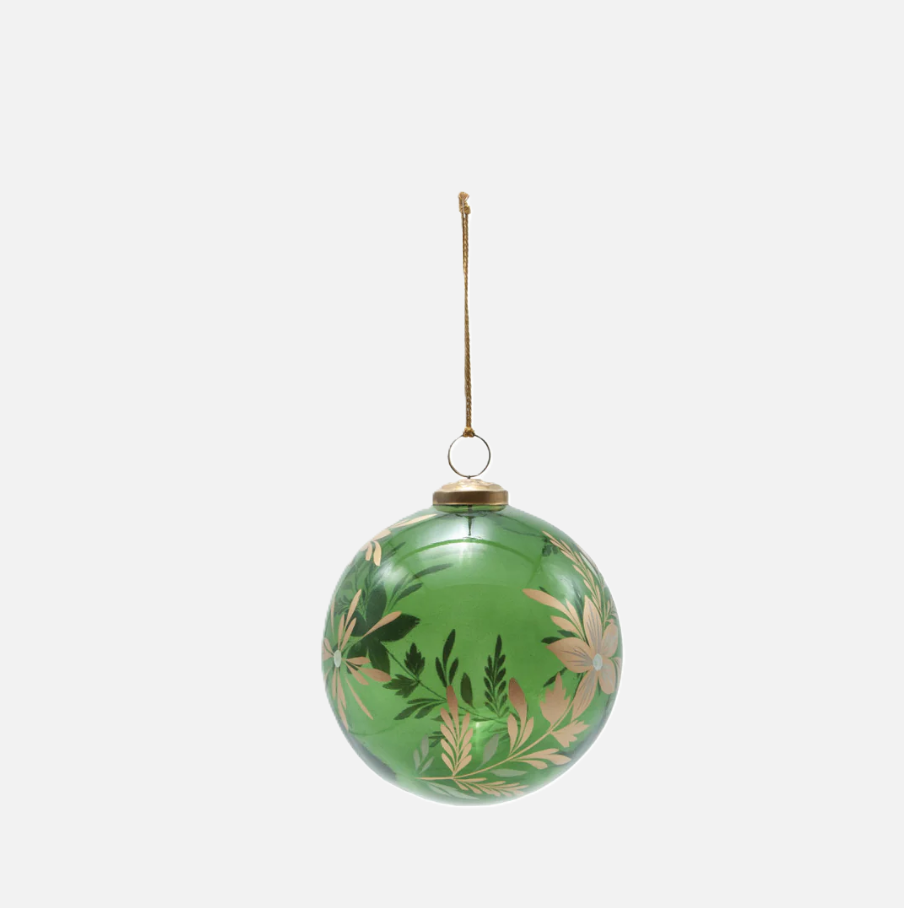 Botanical Glass Ball Ornament, Green & Gold
