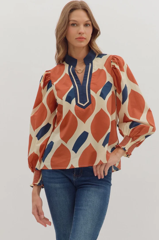 Geometric V-Neck Top, Ecru & Rust