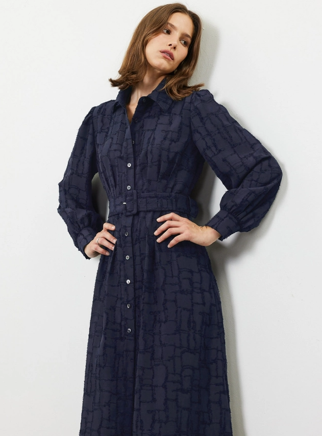 Textured Jacquard Shirt Midi Dress, Navy - 13 Hub Lane   |  Midi Dresses