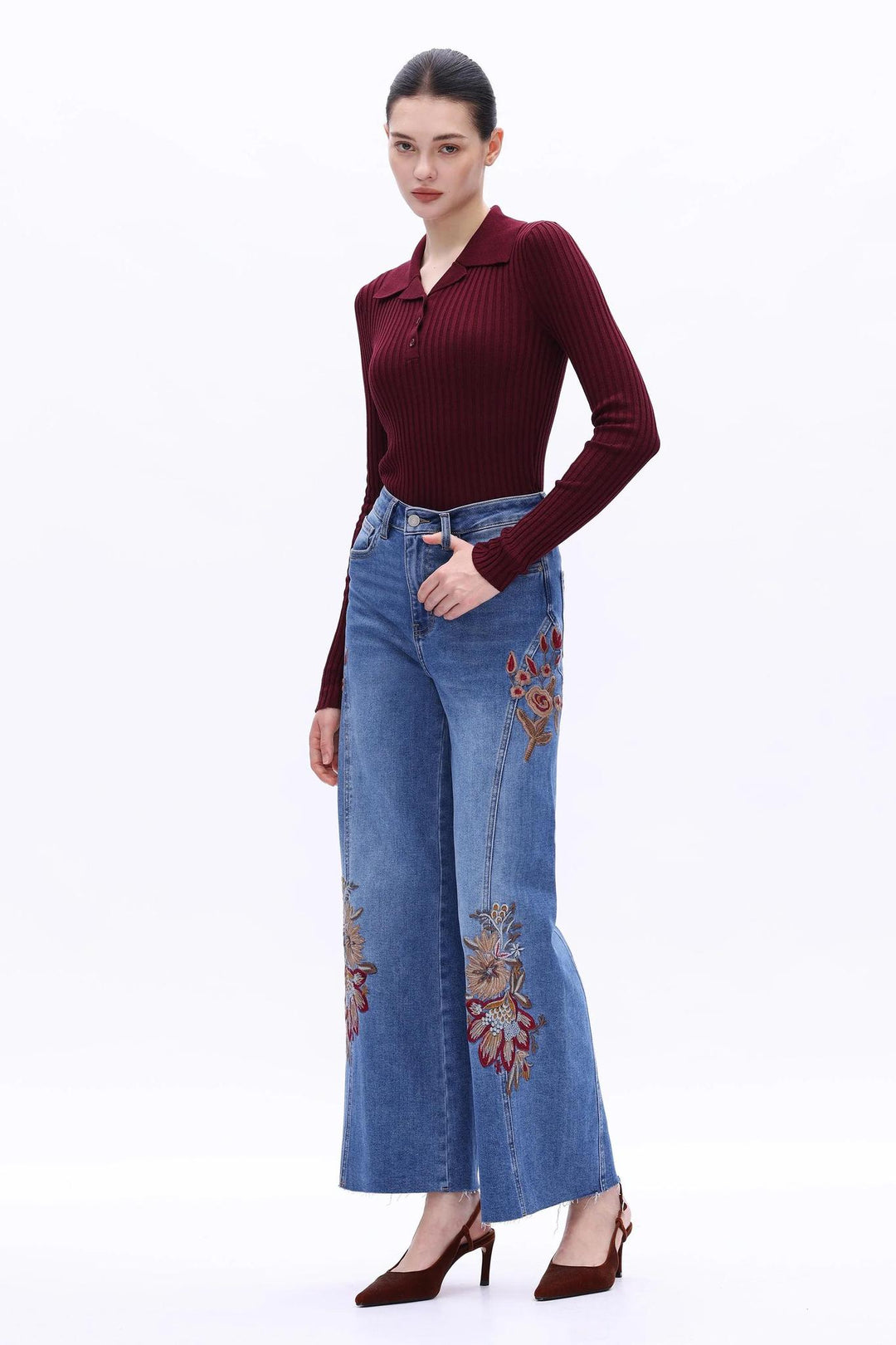 New York 30" Floral High Rise Wide Leg, Medium Blue