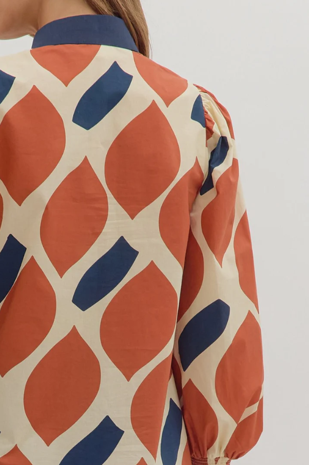 Geometric V-Neck Top, Ecru & Rust